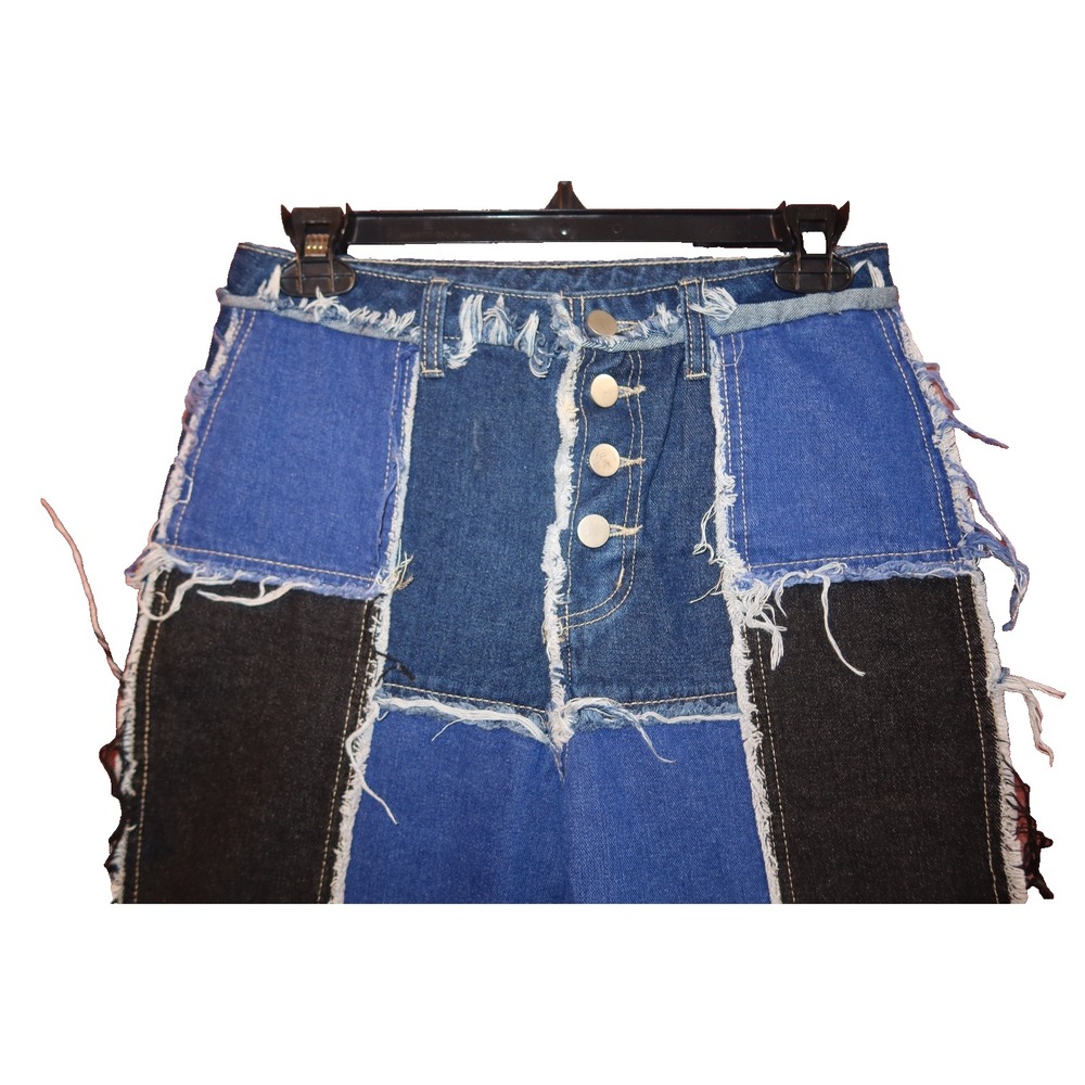 Patchwork Denim Jeans Womens XS Blue Black Raw Edge Straight Leg Y2K - Picture 2 of 4